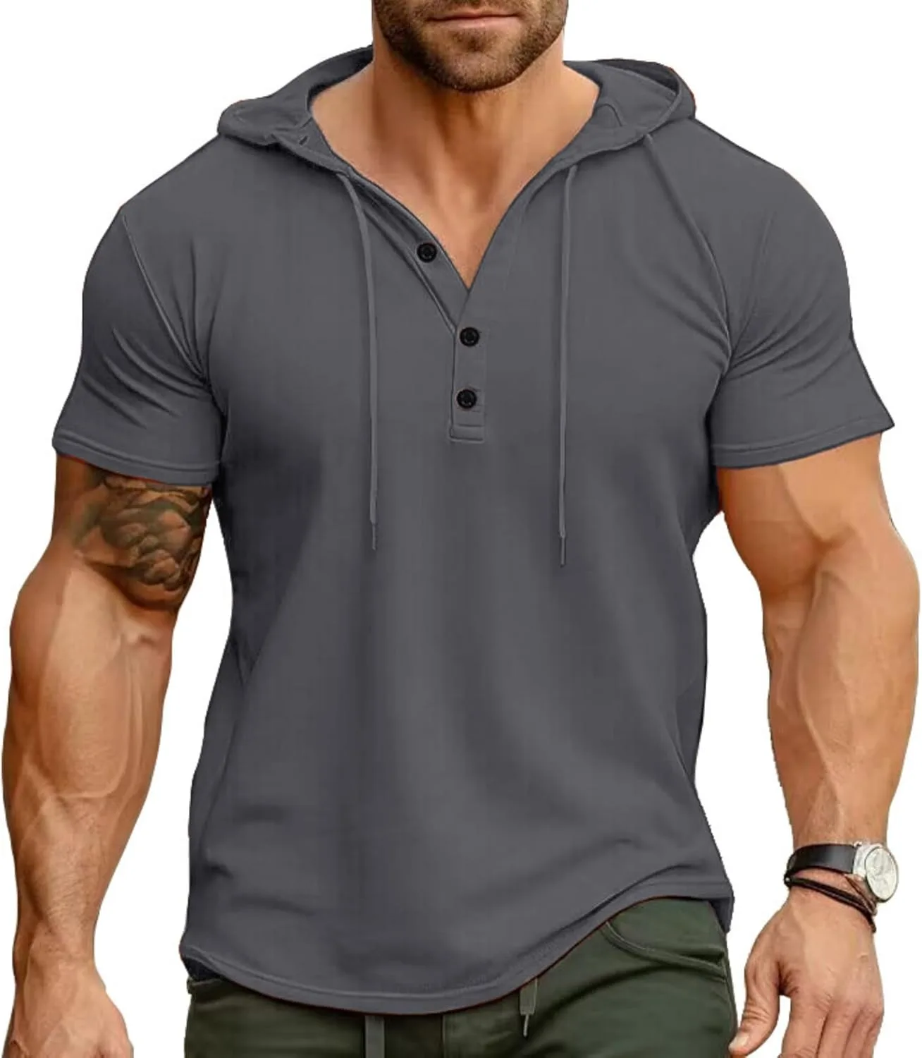 

Футболка мужская Henley V Neck с капюшоном, короткий рукав Milanano