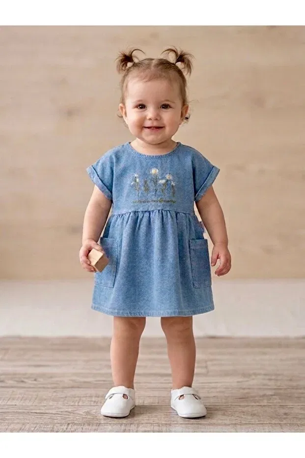 Детское платье для девочек джинсовое с вышивкой Minaze collection daisy embroidered Baby Buu, Blue — фото 3