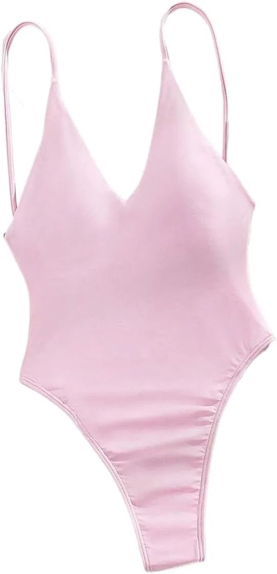 Женский открытый слитный купальник на тонких бретелях с высокой талией, Pink