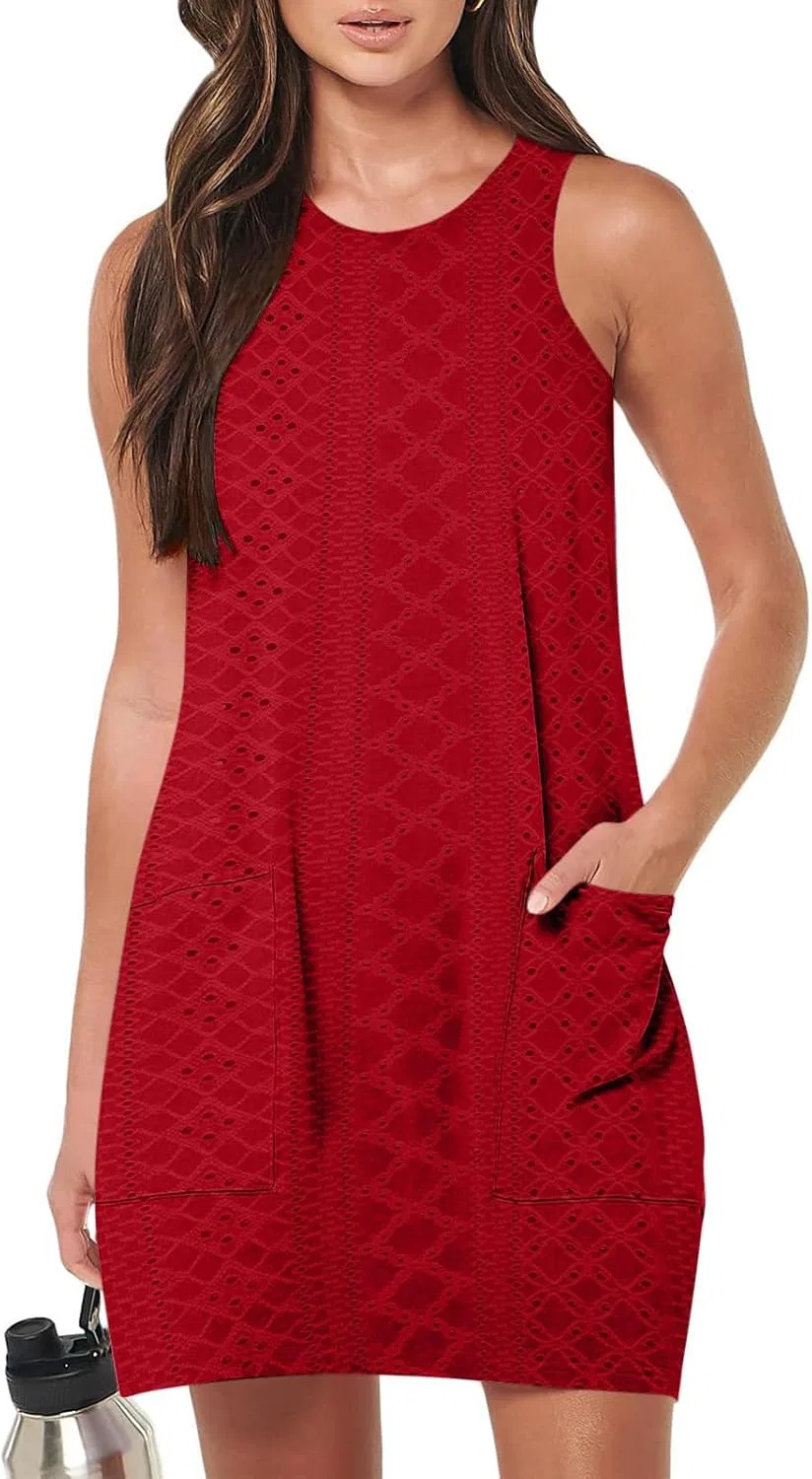 Женское летнее мини-платье без рукавов с вышивкой Casual, Red — фото 2