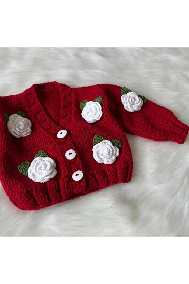 Детский кардиган с цветочным принтом Rose Motif Hand Knitted Baby Home, Red