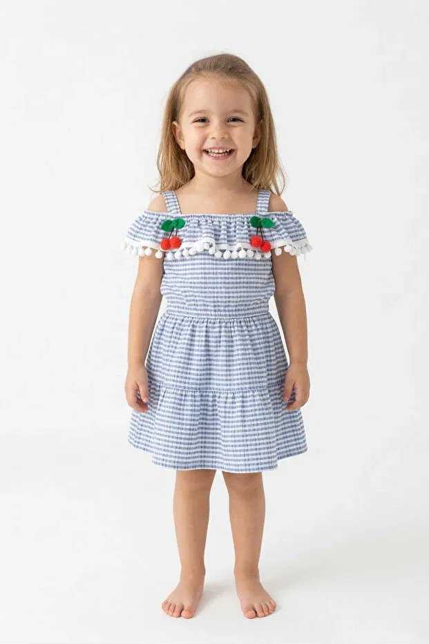 Детское платье для девочек с принтом Cherry Detailed Checkered Blue Luxury Dress Aycata, Blue