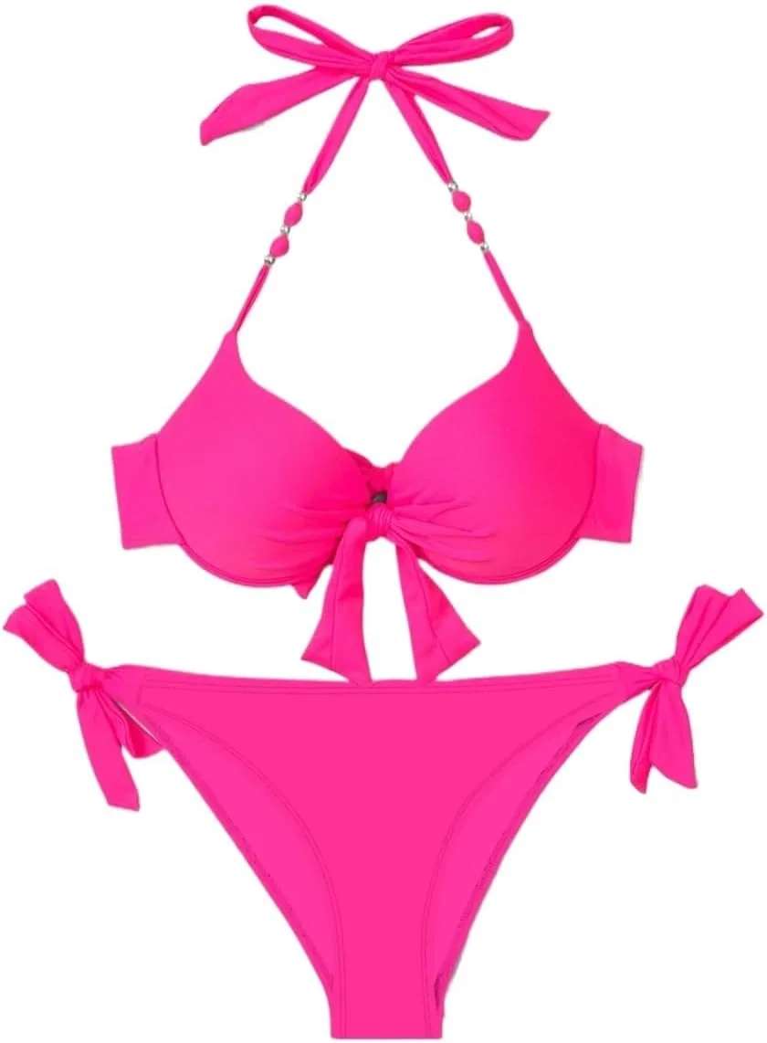 Женский бикини-сет с пуш-ап Halter Neck, Hot Pink