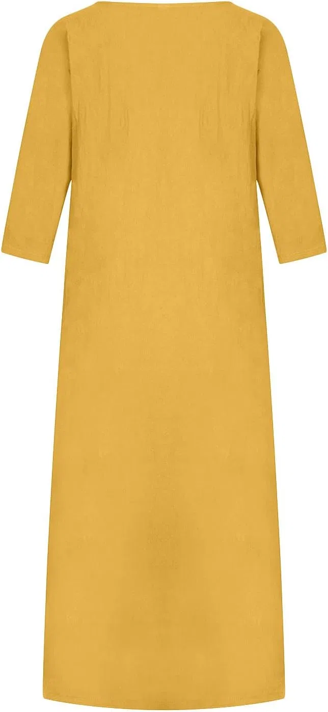 Женское летнее платье миди из хлопка и льна, Yellow — фото 4
