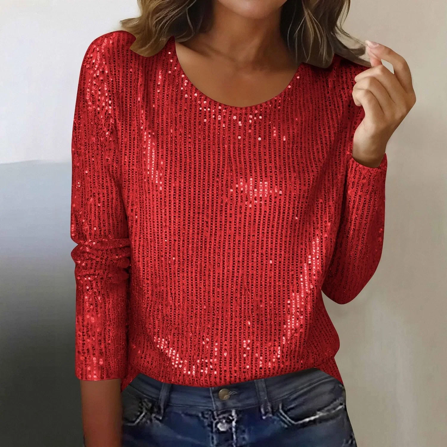 Женская блестящая блузка с длинным рукавом Sequin Tops, 1b-red — фото 2