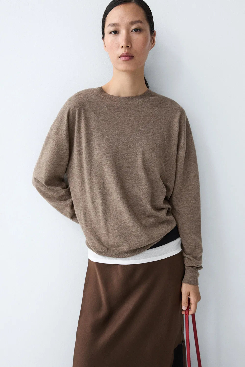 Свитер Massimo Dutti, вязаный, тонкий, с круглым вырезом, Mole Brown — фото 3