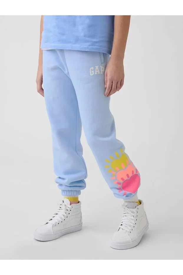 Детские спортивные штаны для девочек с принтом французский терри Logo Gap, Light Blue — фото 4