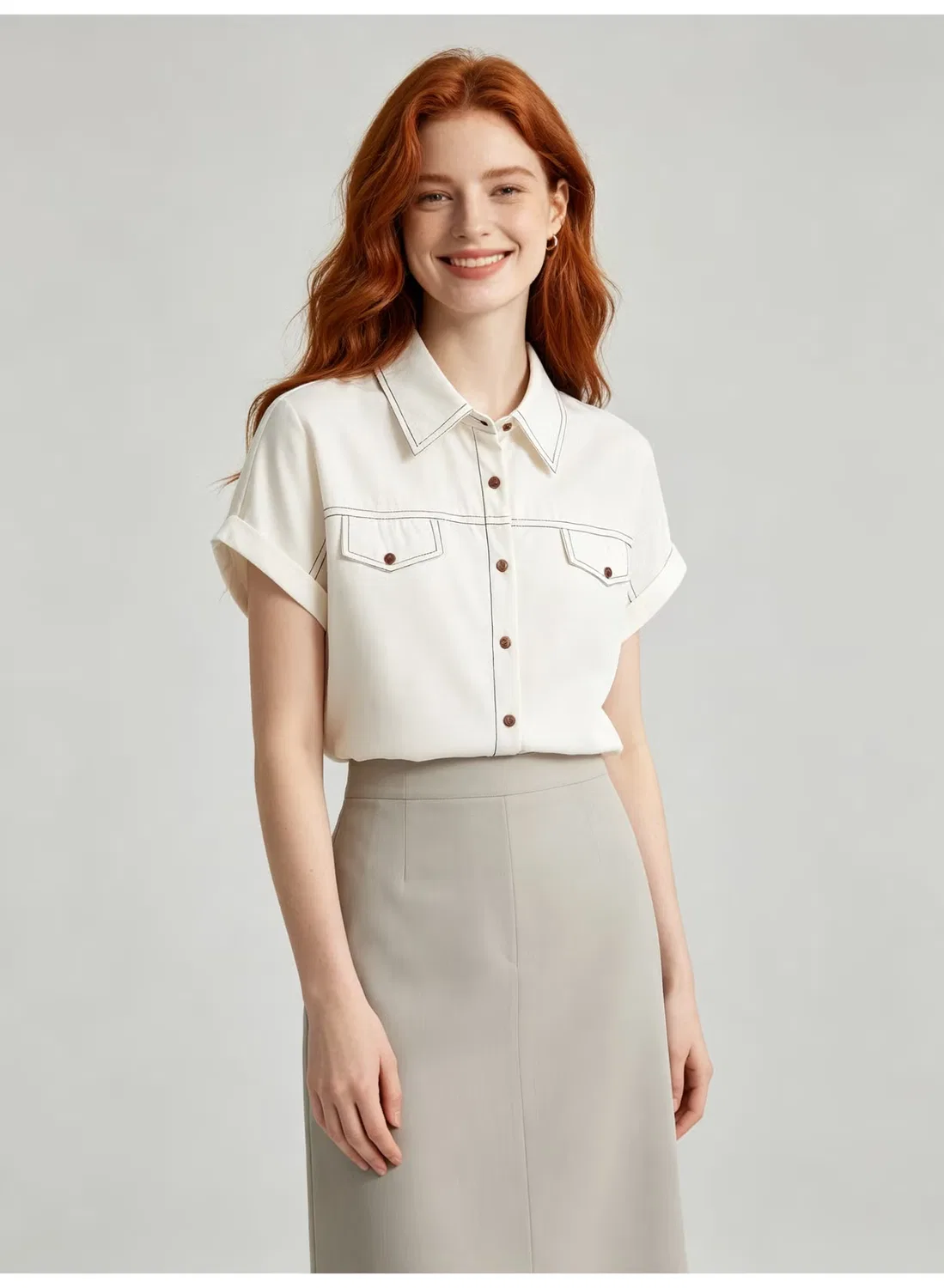 Рубашка с коротким рукавом и контрастной строчкой Zara, белый — фото 3