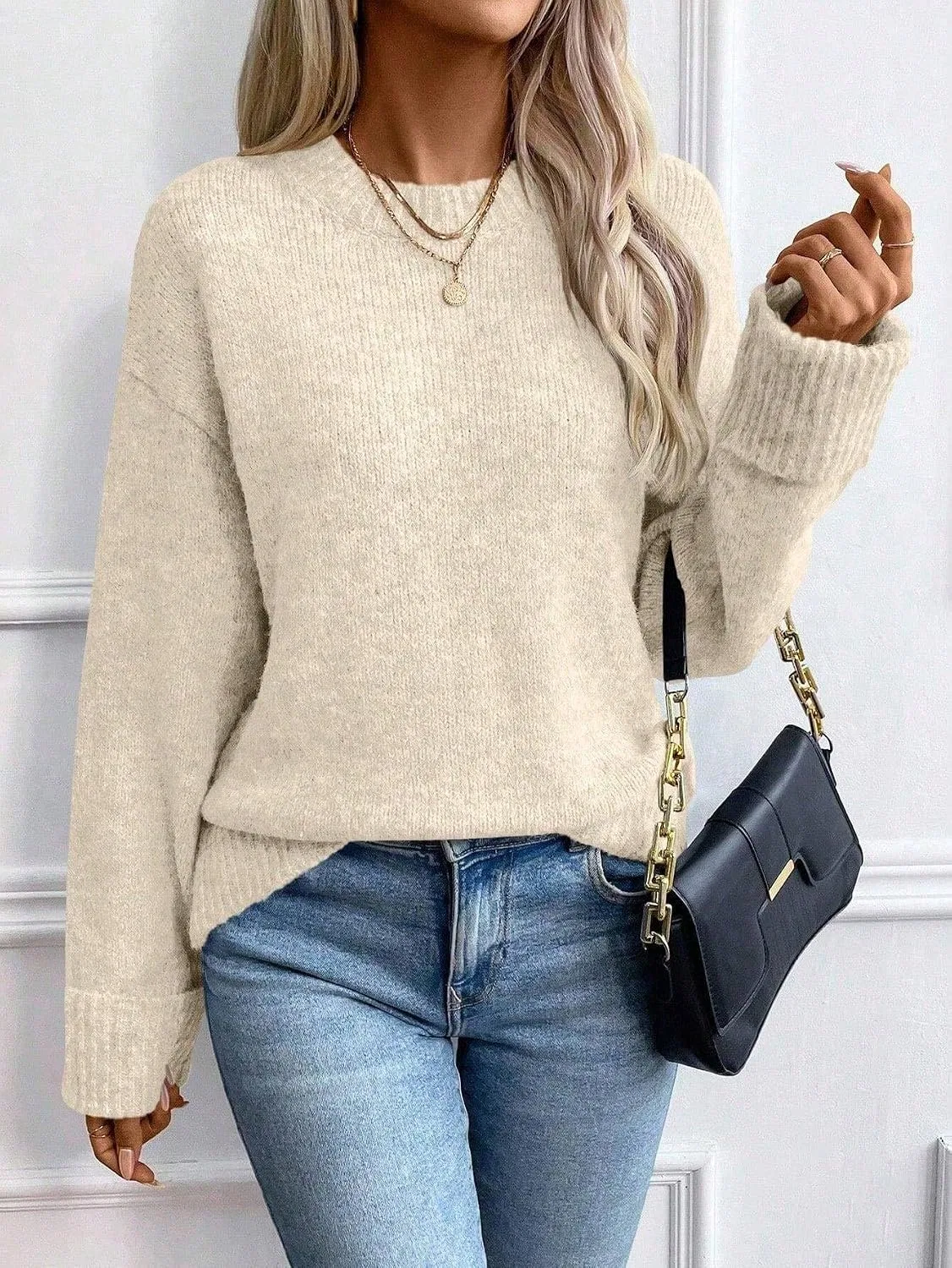 Женский свитер свободного кроя с длинным рукавом, модель Drop Shoulder, абрикосовый — фото 2