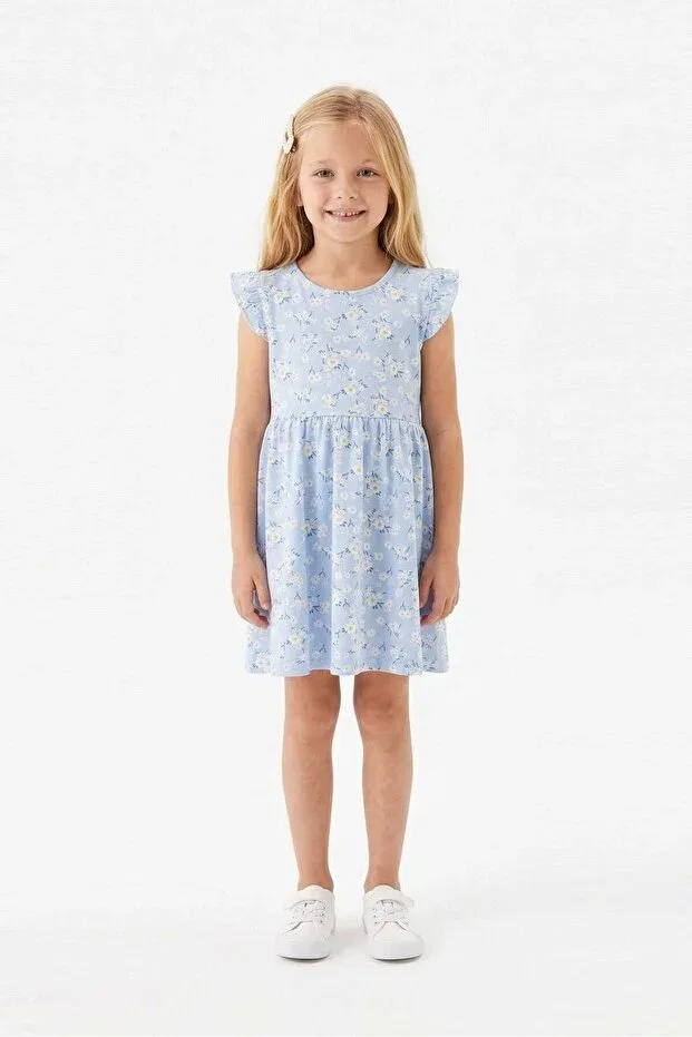 Детское платье для девочек с принтом Blue Daisy Patterned Butterfly Sleeve Bunny Hopp, Blue