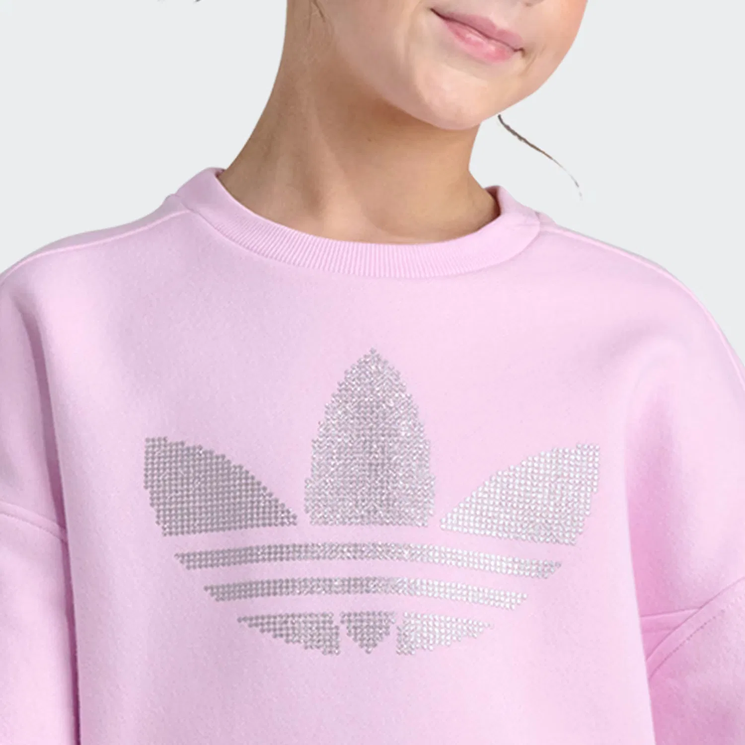 Детский флисовый пуловер с блестящим принтом Trefoil Adidas Originals, Orchid Fusion — фото 3