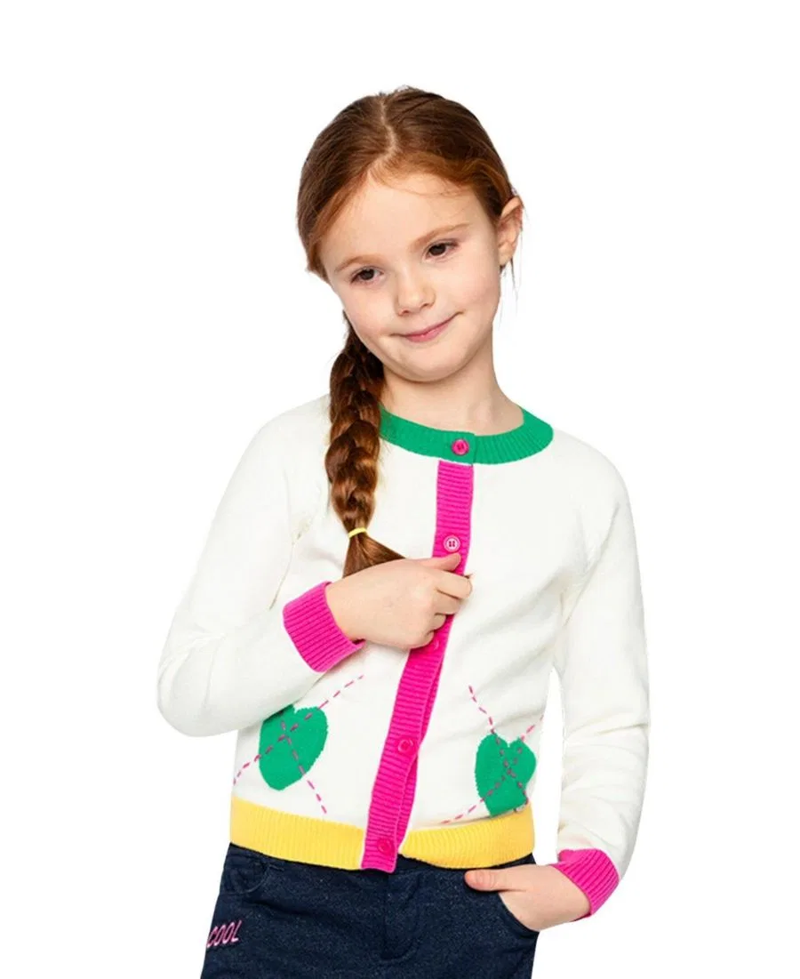 Кардиган с пуговицами и карманами-сердечками Ivy Kids Deux par Deux, Off-White Green And Pink — фото 2