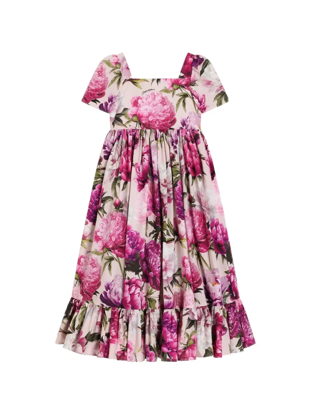 Поплиновое платье с принтом пионов Dolce & Gabbana Kids, бежевый