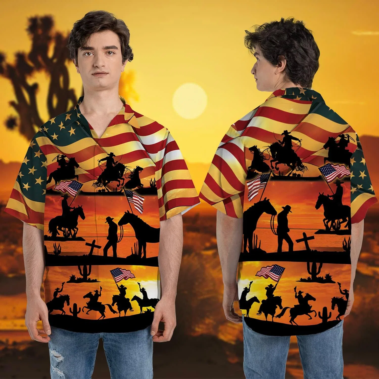 Мужская рубашка с коротким рукавом, с принтом, Cowboy Hawaiian Shirt, Cowboy_09 — фото 2