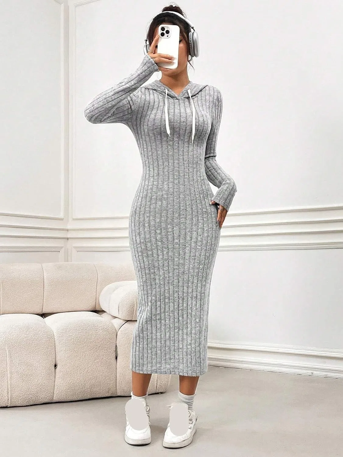 Женское платье-водолазка с капюшоном Bodycon, Gray — фото 3