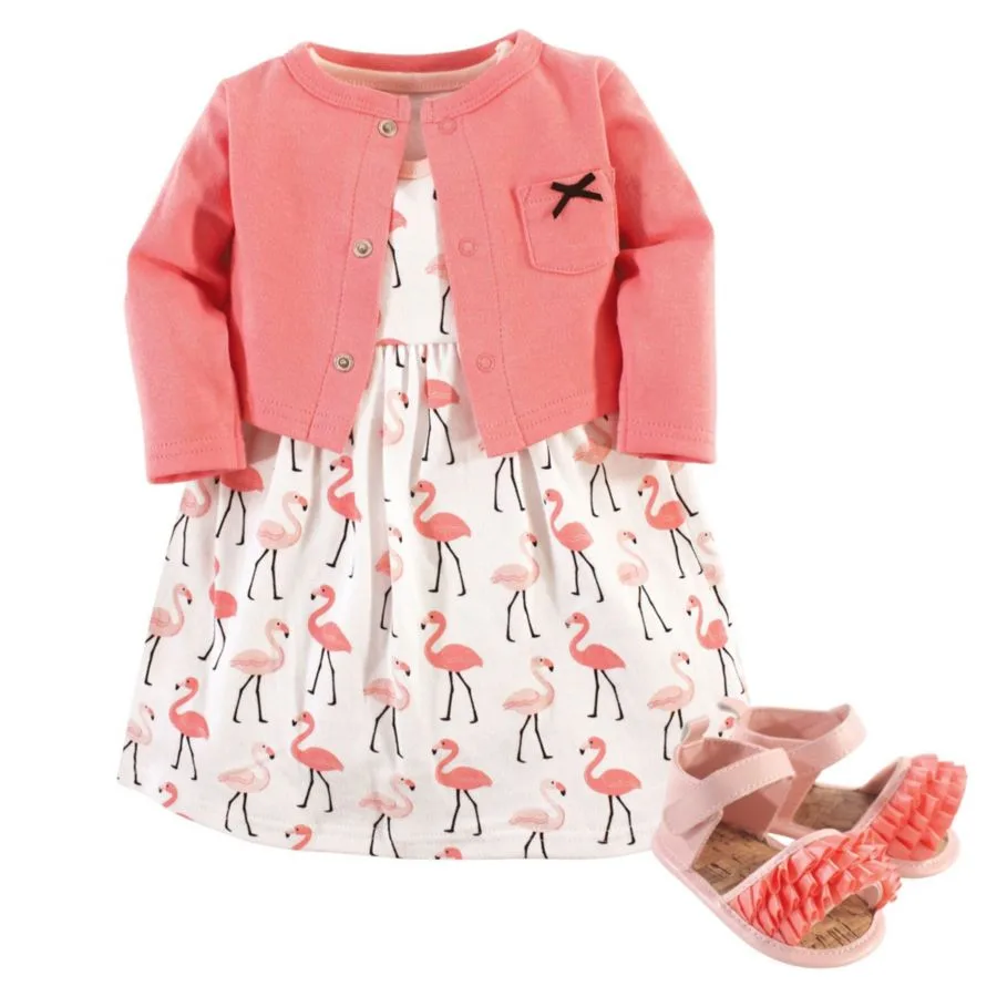 Хлопковый комплект: платье, кардиган и обувь Hudson Baby, Flamingos