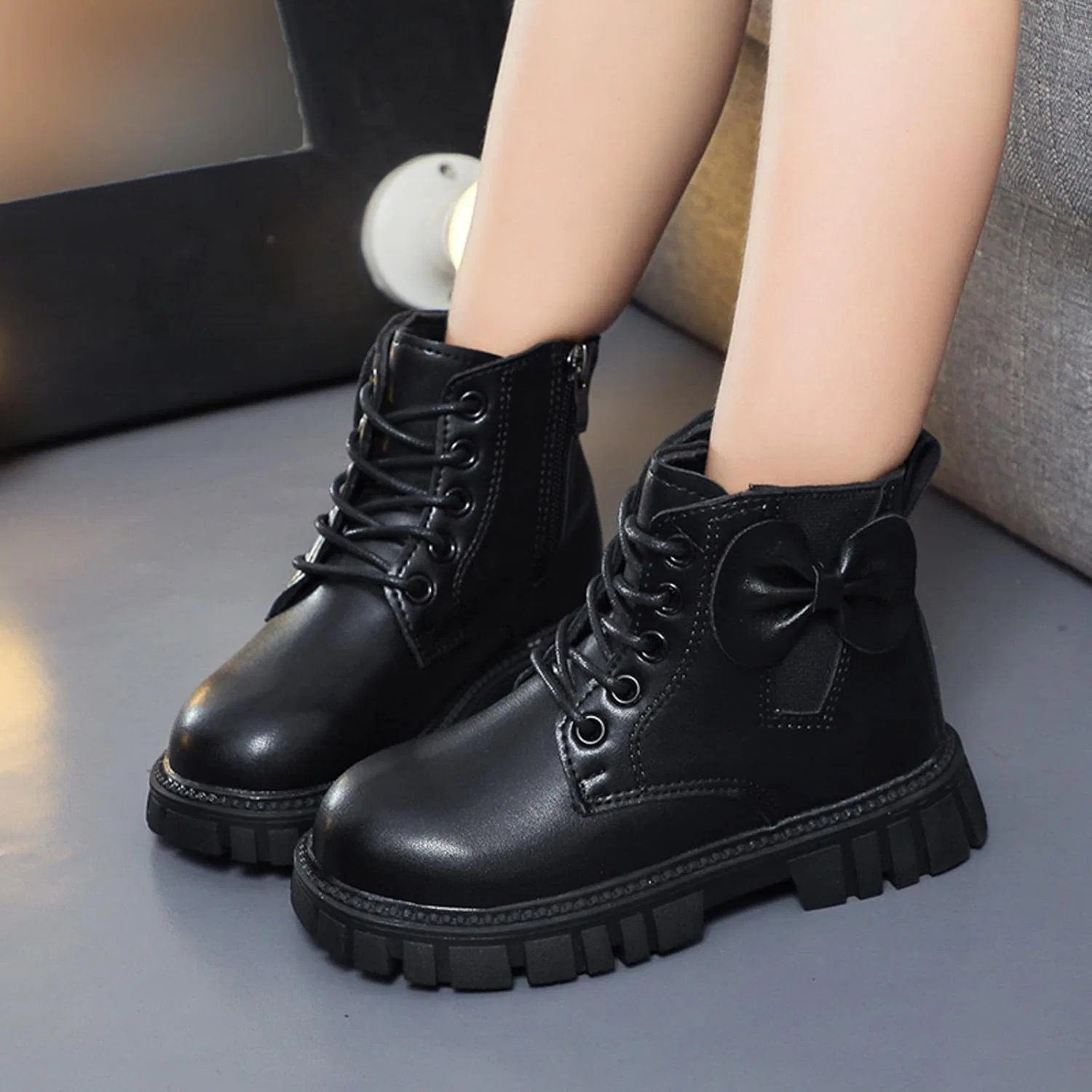 Детские ботинки для девочек на шнуровке с боковой молнией, модель Combat Boots — фото 4