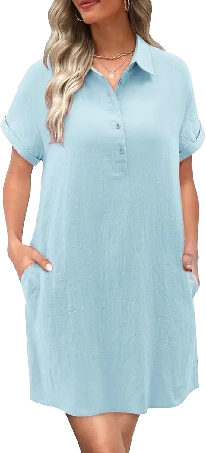 Женское повседневное платье-рубашка с карманами, Light Blue