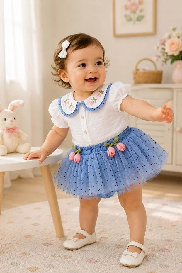 Детский комплект для девочек с вышивкой тюльпанов Cantoy, Light Blue