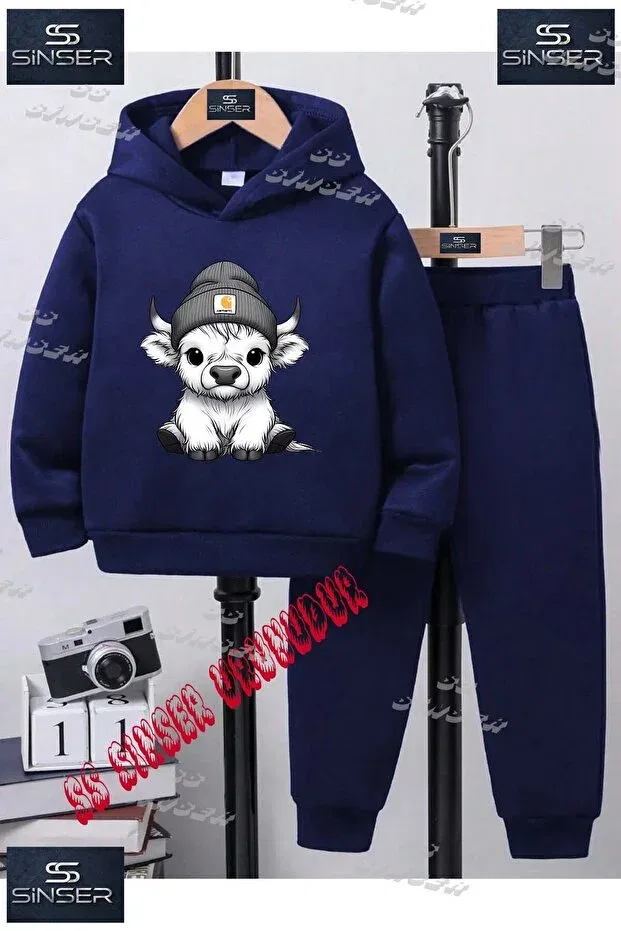 Детский комплект спортивного костюма с принтом Cow Cute Beret Ss Sinser, Navy Blue