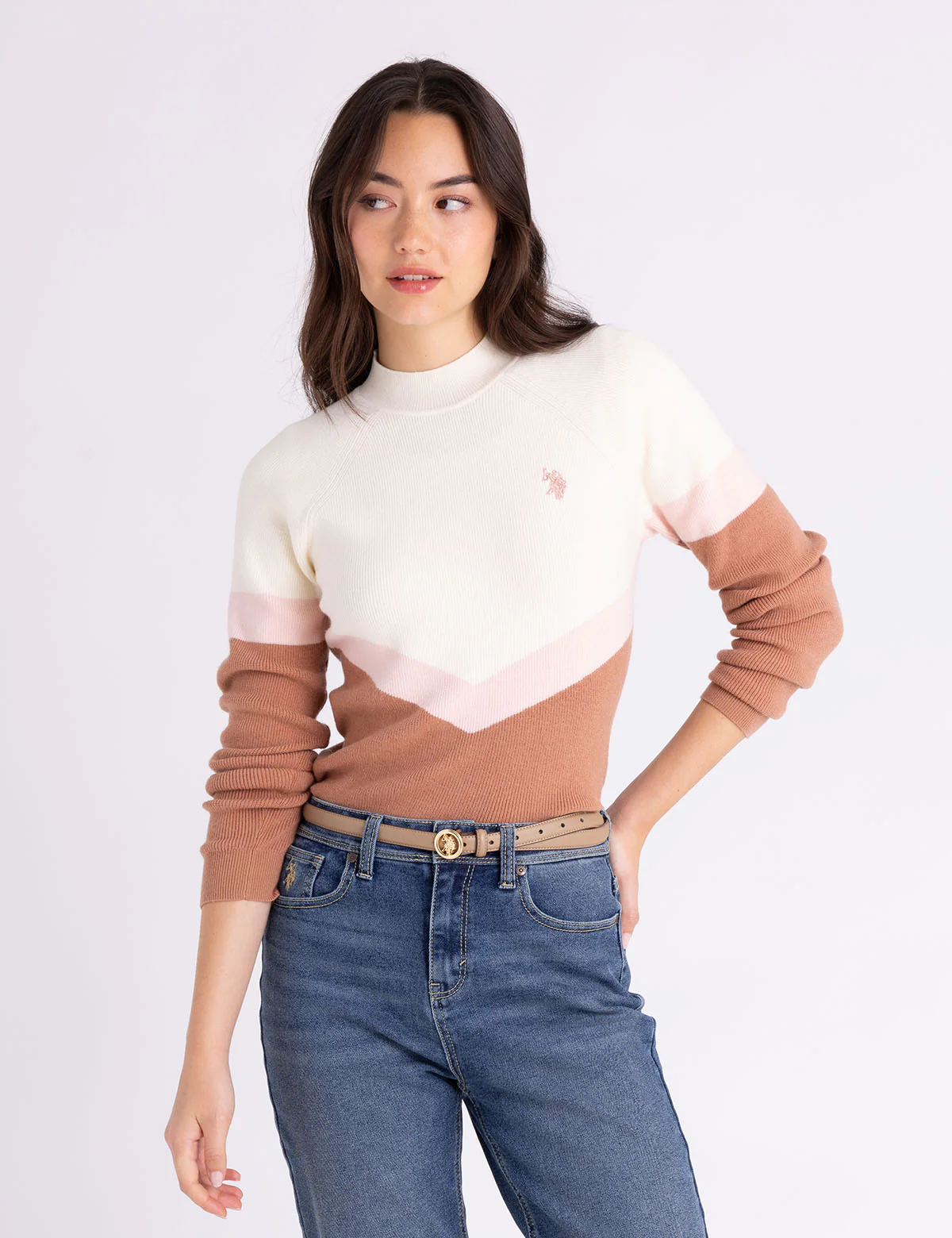 

Свитер U.S. Polo Assn Mock Neck Colorblock Chevron, бежевый/коричневый