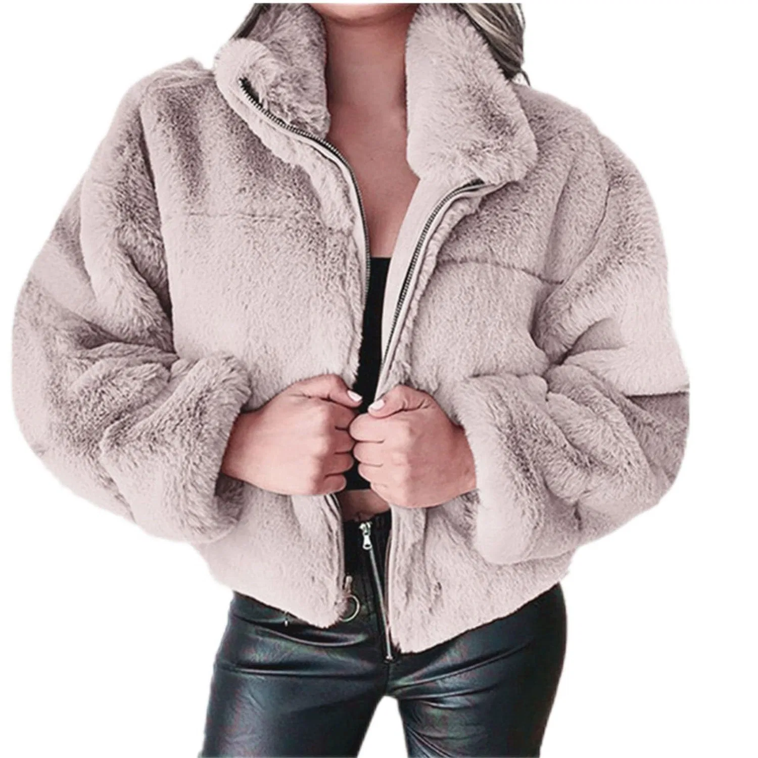 Женская куртка из флиса с капюшоном Women's Short Fur Jacket Wedding Faux Fleece Fur Jacket Oversized Y2K Long Sleeve Elegant Fluffy Thick Winter Warm Jacket, Z03Rosa