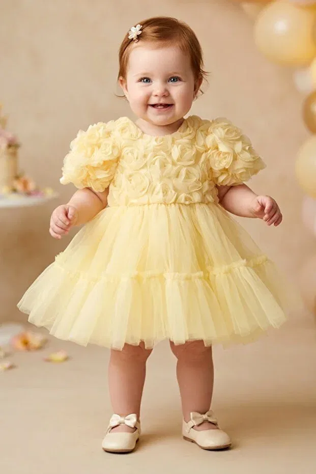 Детское платье для девочек с коротким рукавом Baby Animals, Yellow — фото 2