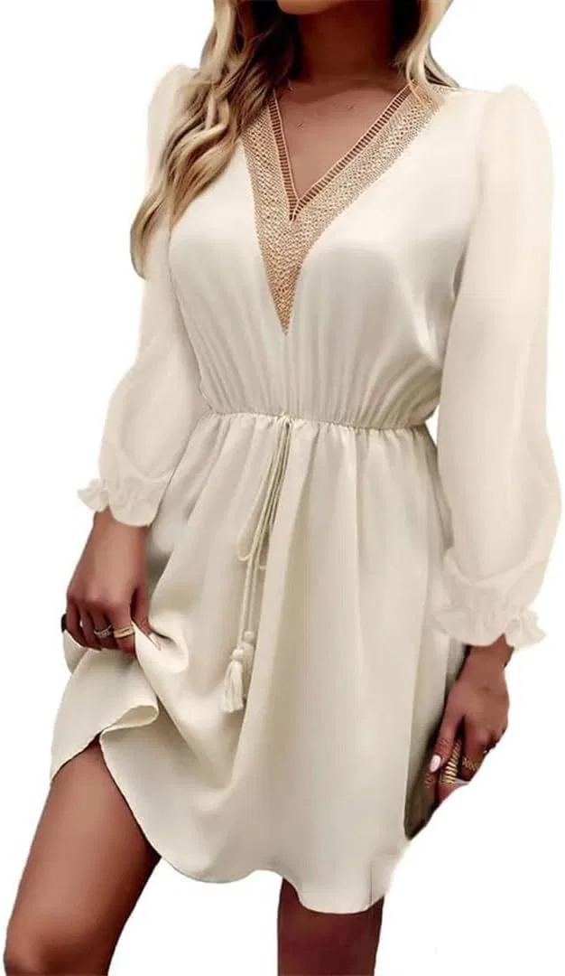 Женское повседневное платье с кружевной бахромой, Beige