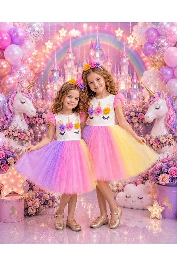 Детское платье для девочек с принтом Girl'S colorful birthday crowned colorful unicorn ribbon zipper party dress Generic Brands, Pink — фото 3