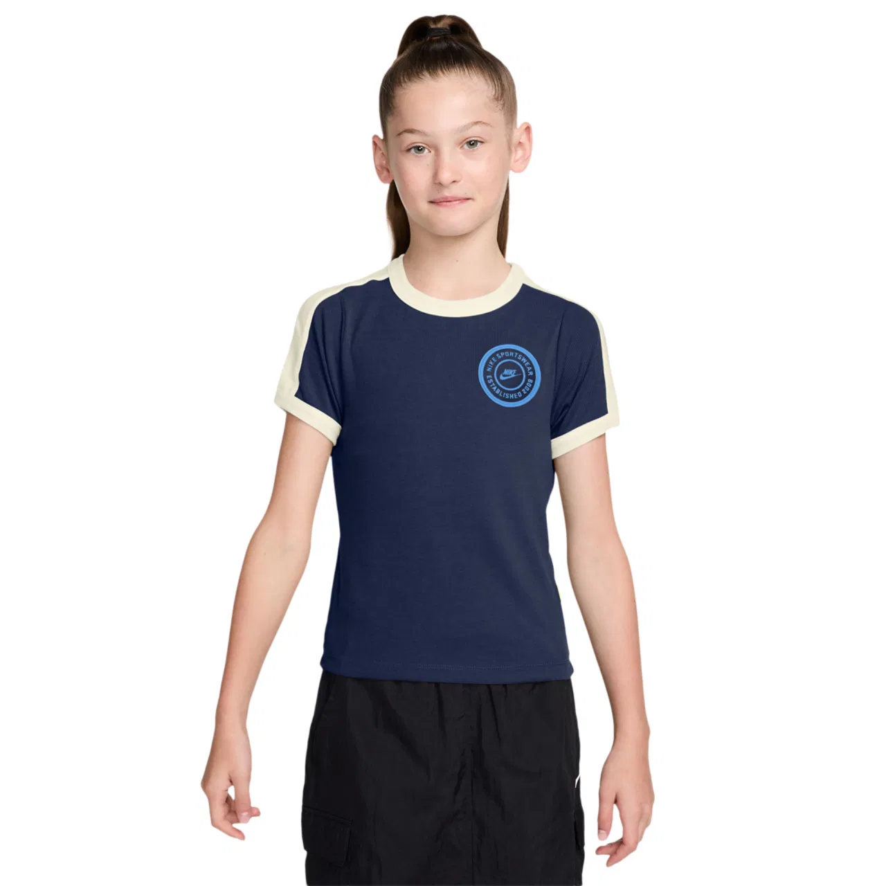 Футболка для девочек Nike NSW Short Sleeve Rip Top, цвет Beige/Navy