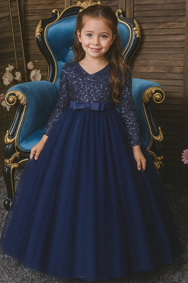 Детское вечернее платье для девочек с блестками Miço Kids, Navy Blue