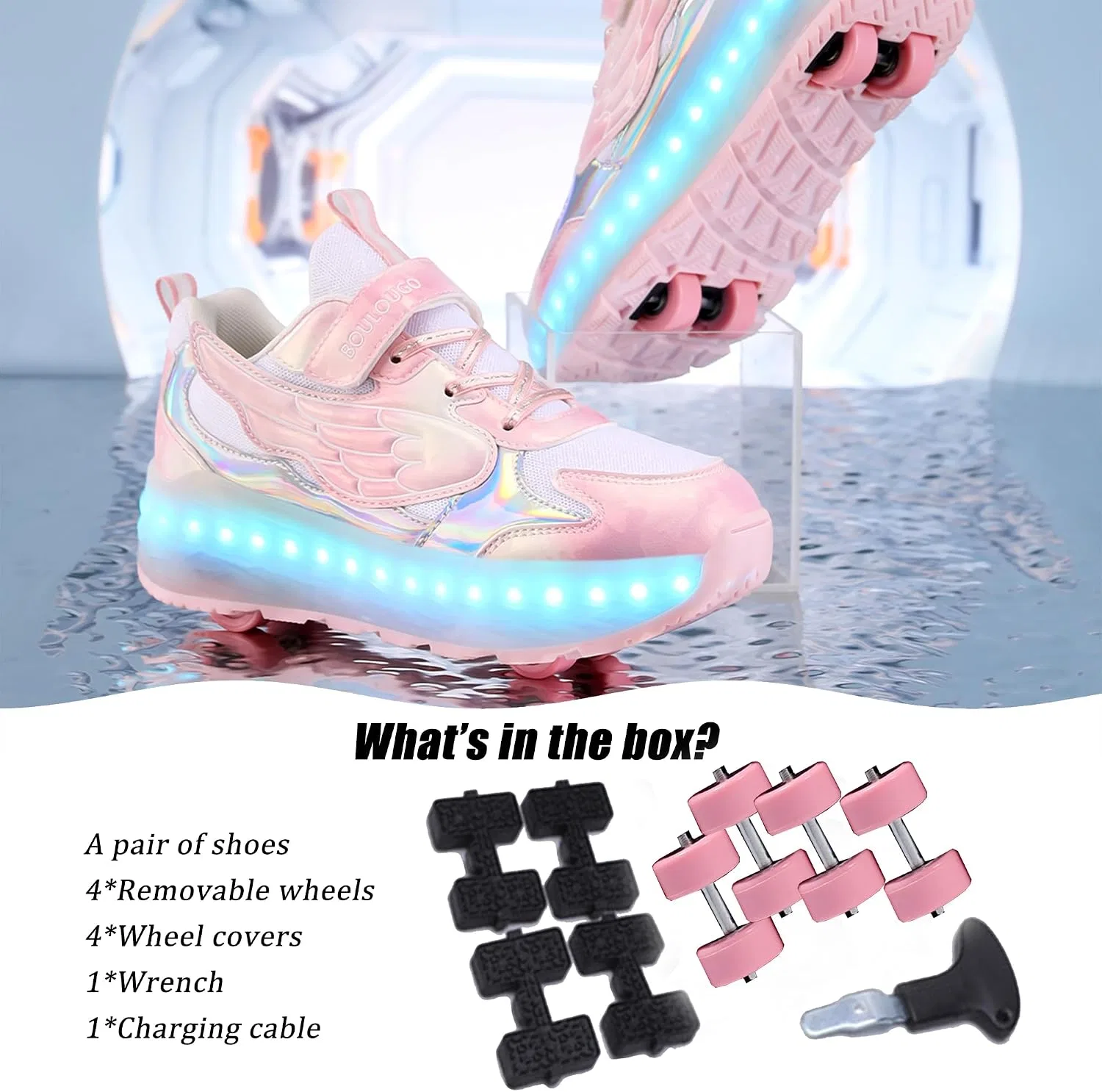 Детские кроссовки для девочек со светящимися колесиками AIkuass, Pink — фото 4