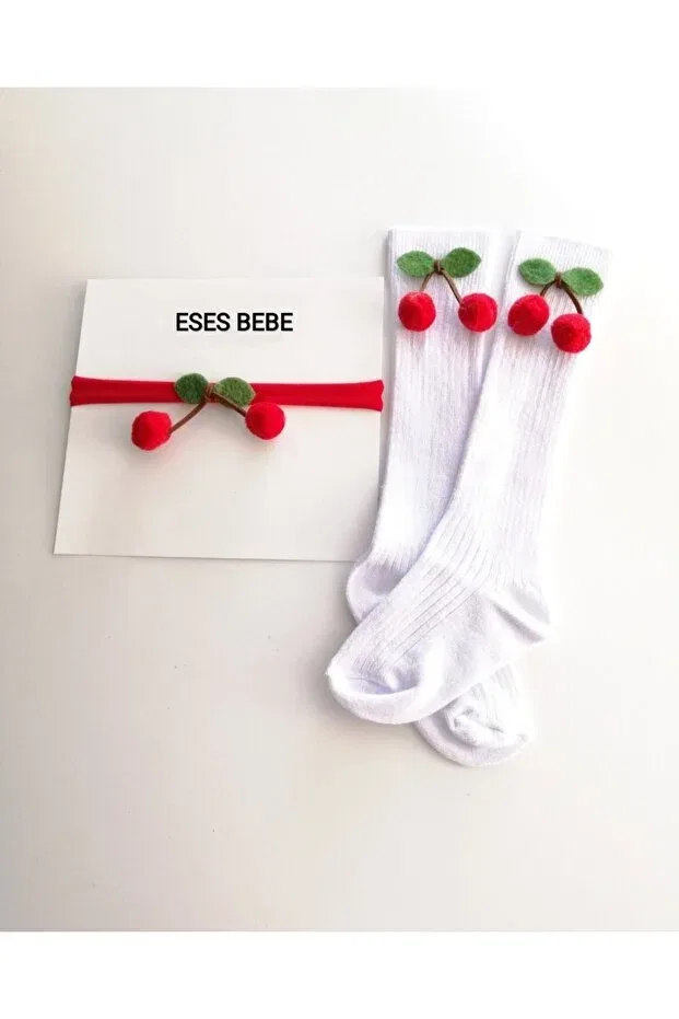 Детские носки для девочек хлопковые набор с носками и банданой Cherry Knee Socks And Cherry Bandana Eses Bebe, White