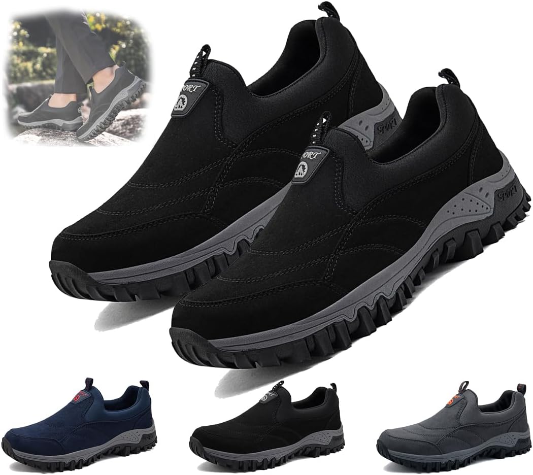 

Мужские замшевые низкие водонепроницаемые походные ортопедические туфли, кожаные легкие дышащие повседневные слипоны, нескользящие кроссовки с поддержкой свода стопы Generic, черный