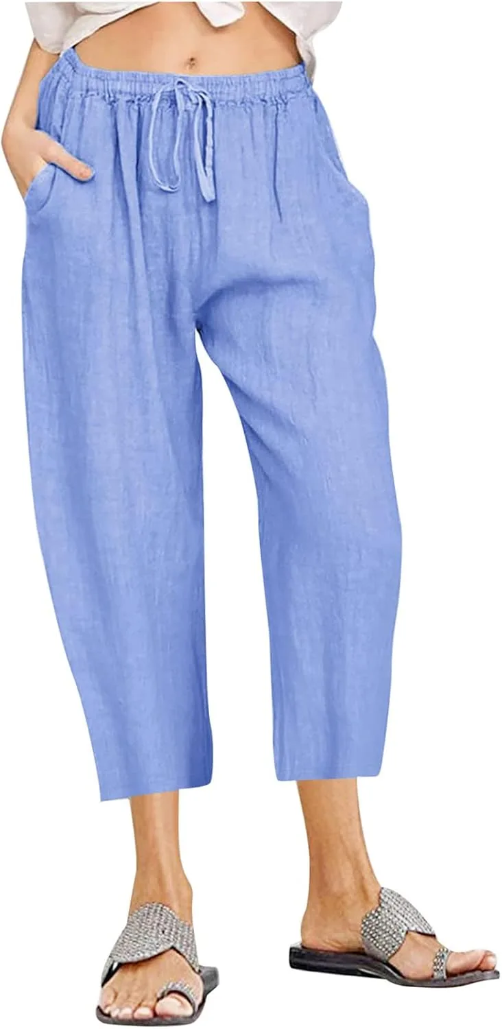 

Женские льняные капри с высокой талией на резинке и шнурке