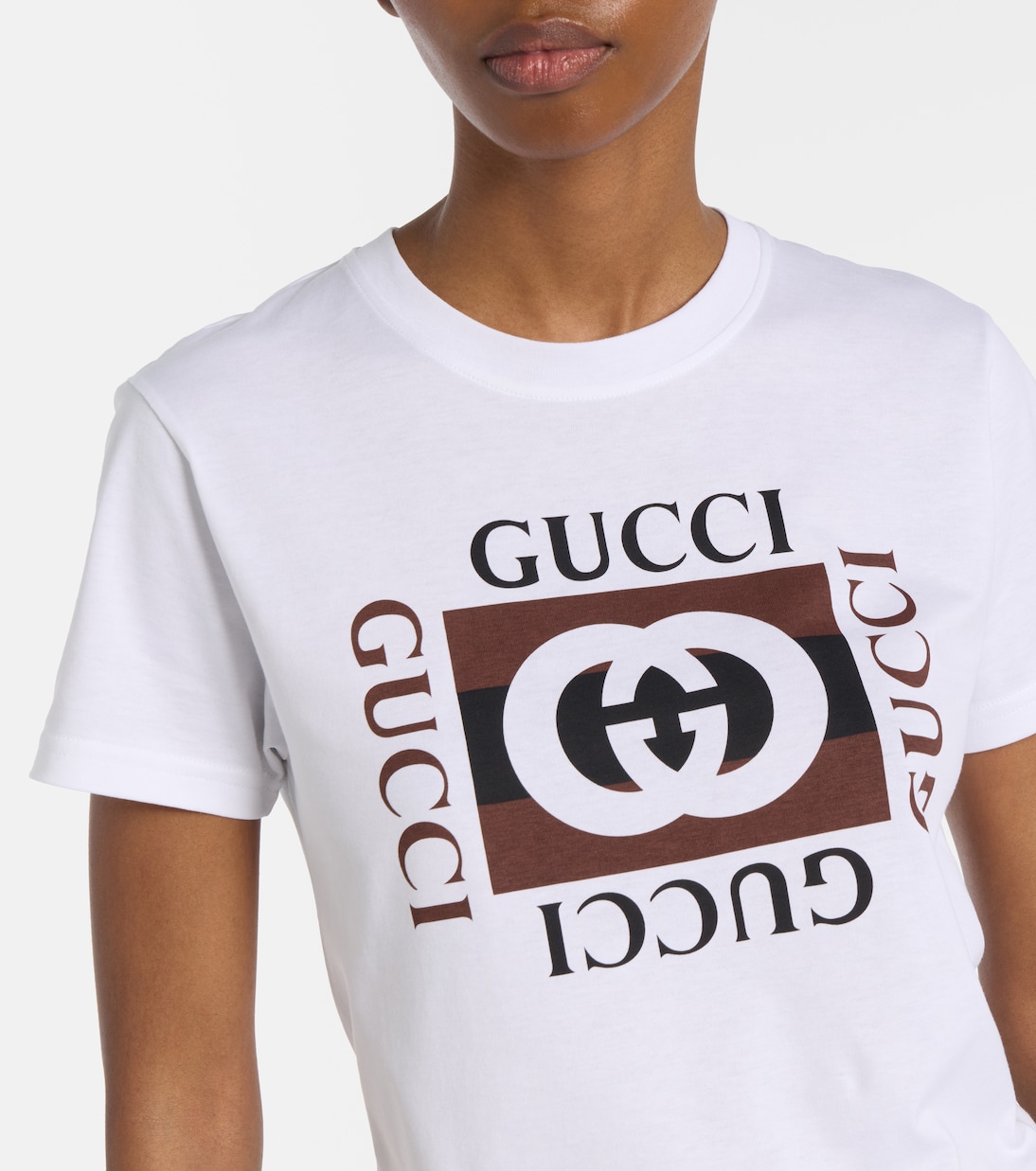 Футболка из хлопка с принтом Interlocking G Gucci, White/Brown/Mc — фото 4