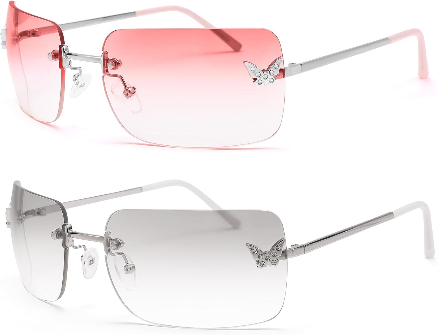 

Солнцезащитные очки Y2k для женщин - модные безободковые солнцезащитные очки в стиле 2000-х, очки для рейв-вечеринок GLARDEFE, B1 Silver / Gradient Pink + Silver / Silver