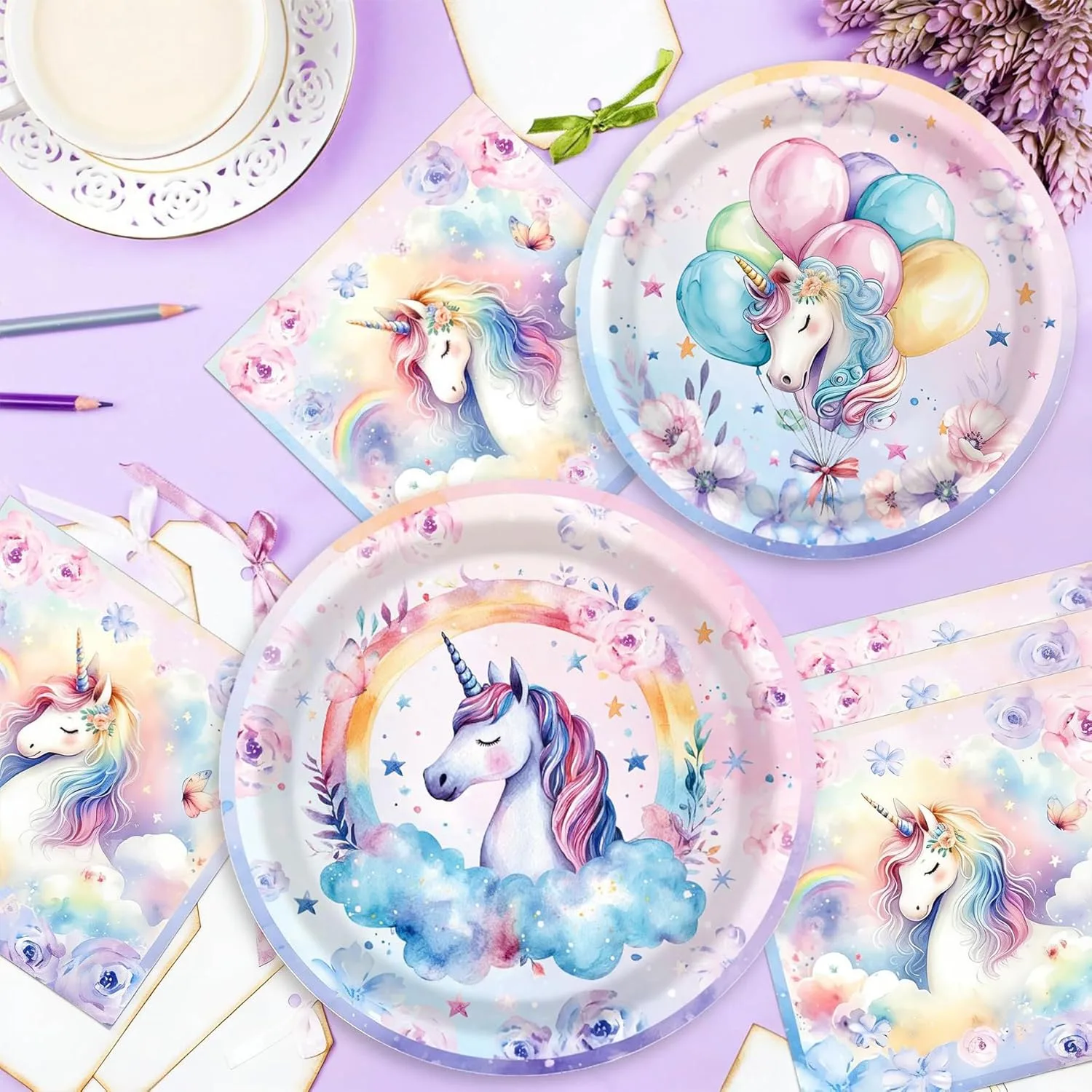 Набор посуды для вечеринки Unicorn, красочная посуда с мультяшным принтом, комплект для дня рождения, аксессуары для вечеринки, бумажные тарелки, набор для 10 гостей YeahBoom — фото 4
