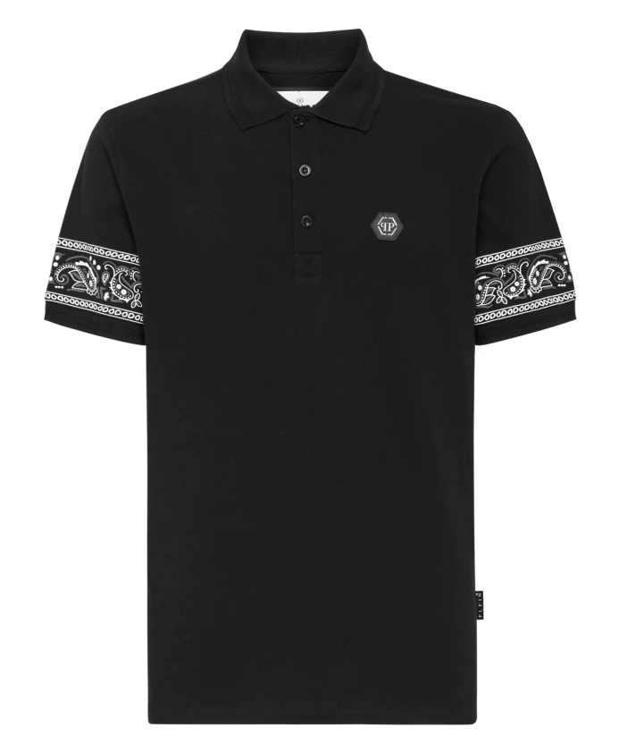 

Приталенная рубашка-поло пике с коротким рукавом и банданой с узором пейсли Philipp Plein, черный