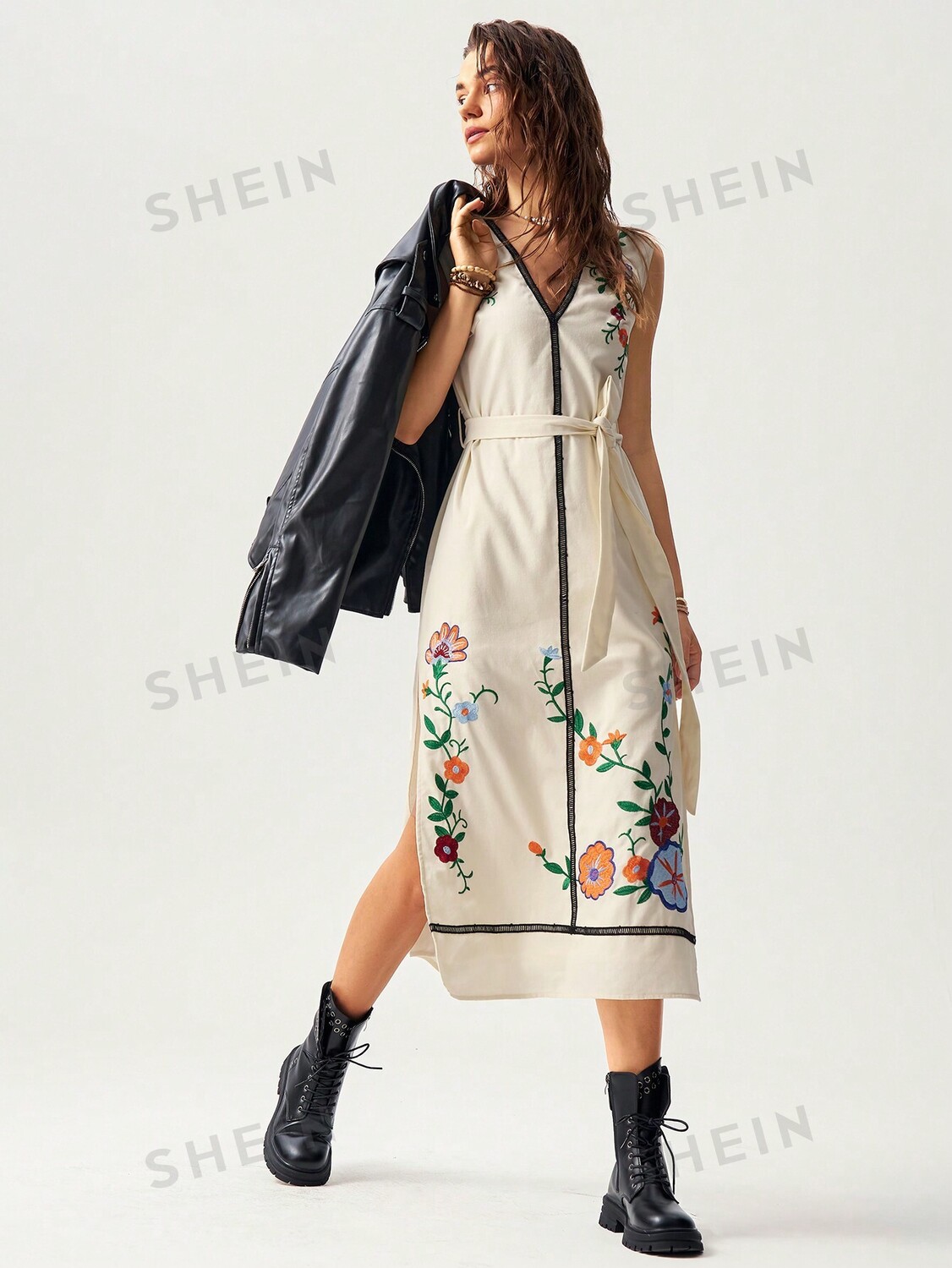 

Женское платье миди с вышивкой Boho Feels для релаксации Shein, белый
