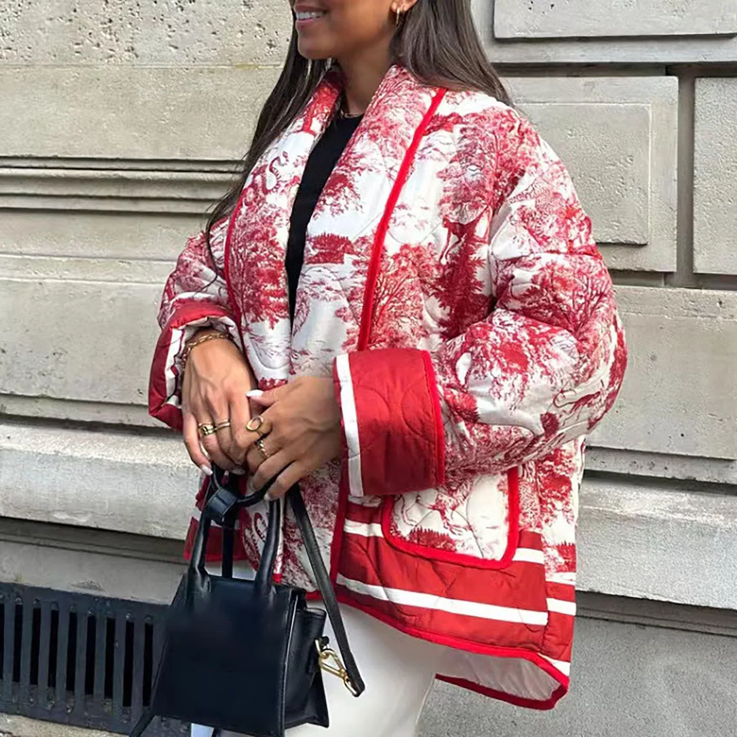 Женское худи с принтом Vintage Printed Quilted Jacket, Red — фото 4