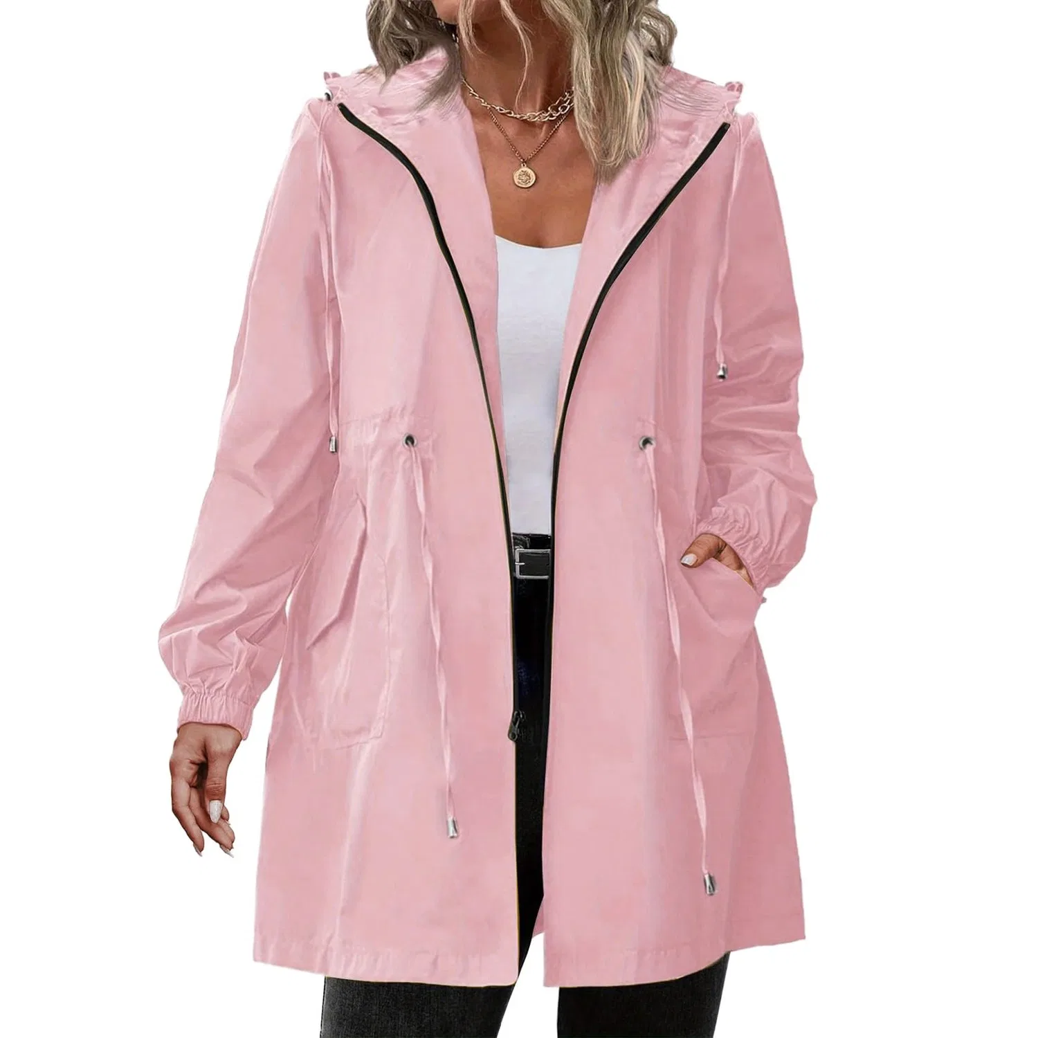 Женская куртка-дождевик с капюшоном Yellow Jackets for Women Fashion Plain Full-Zip Waterproof Solid Color Versatile Trench Jacket Hooded Jacket Lightweight Softshell Jacket Plus Size Casual Windbreaker, pink — фото 2