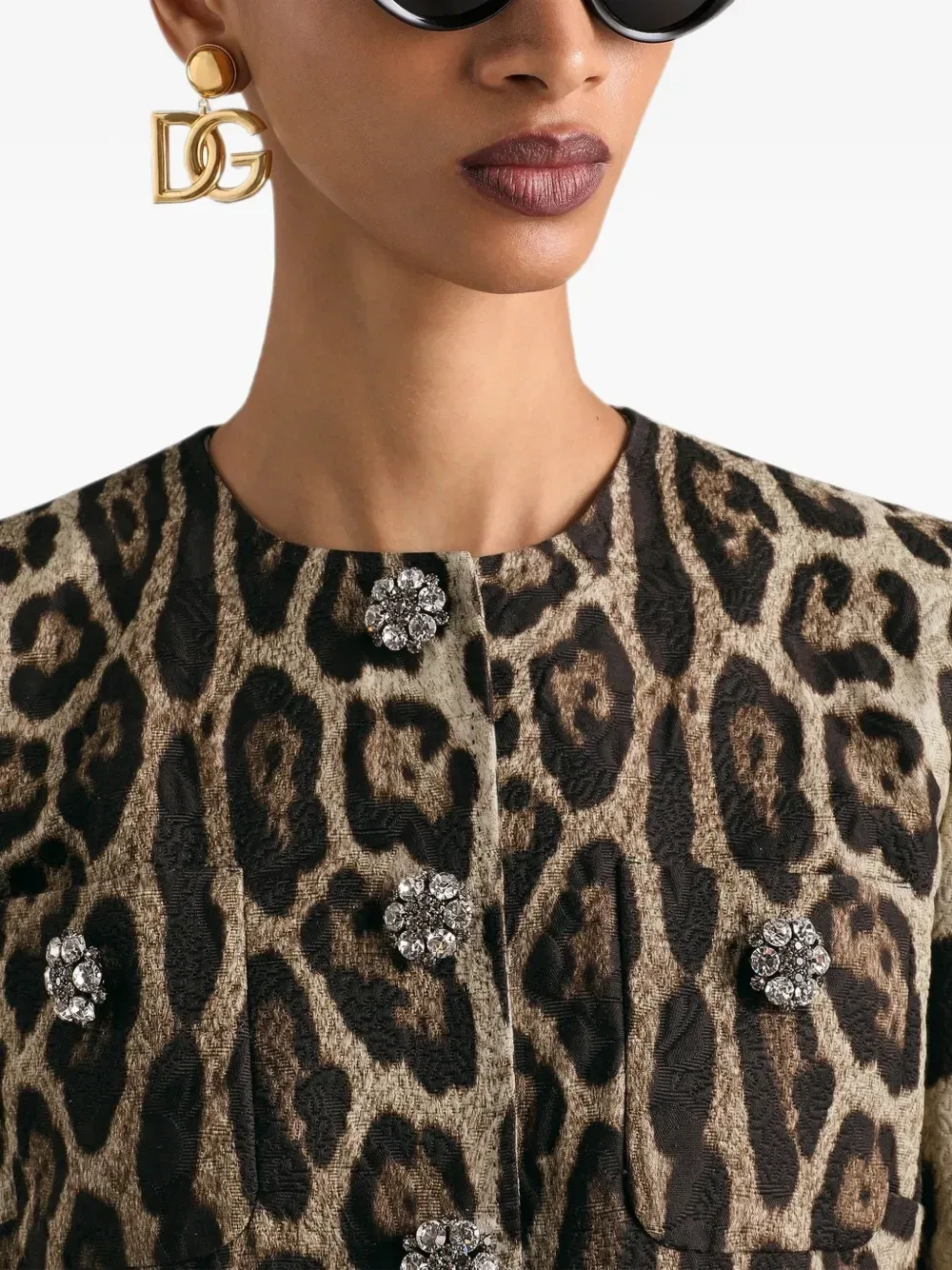 Однобортный жакет из парчи с леопардовым принтом и пуговицами-стразами Dolce & Gabbana, бежевый — фото 4