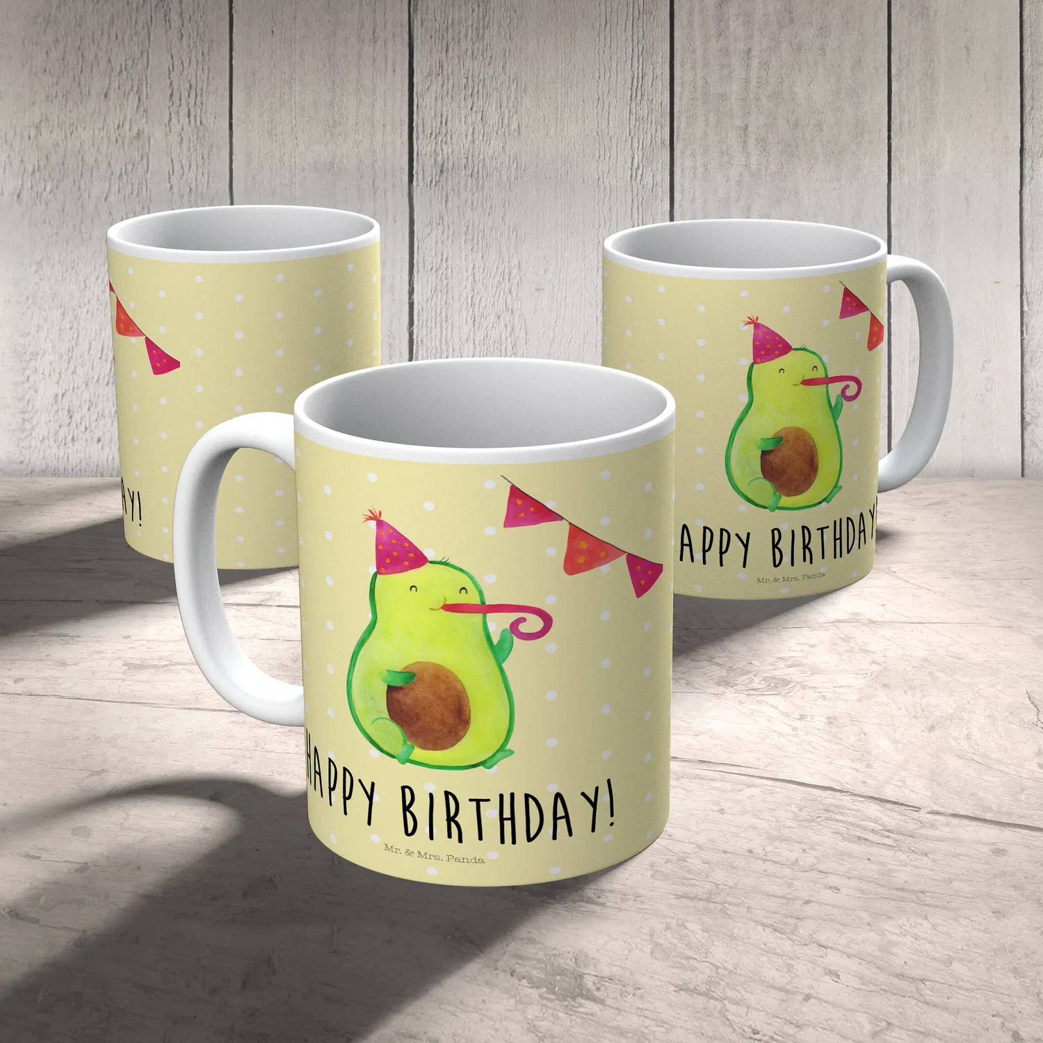 Детская кружка с принтом авокадо и надписью Avocado Geburtstag Mr. & Mrs. Panda, желтый — фото 4