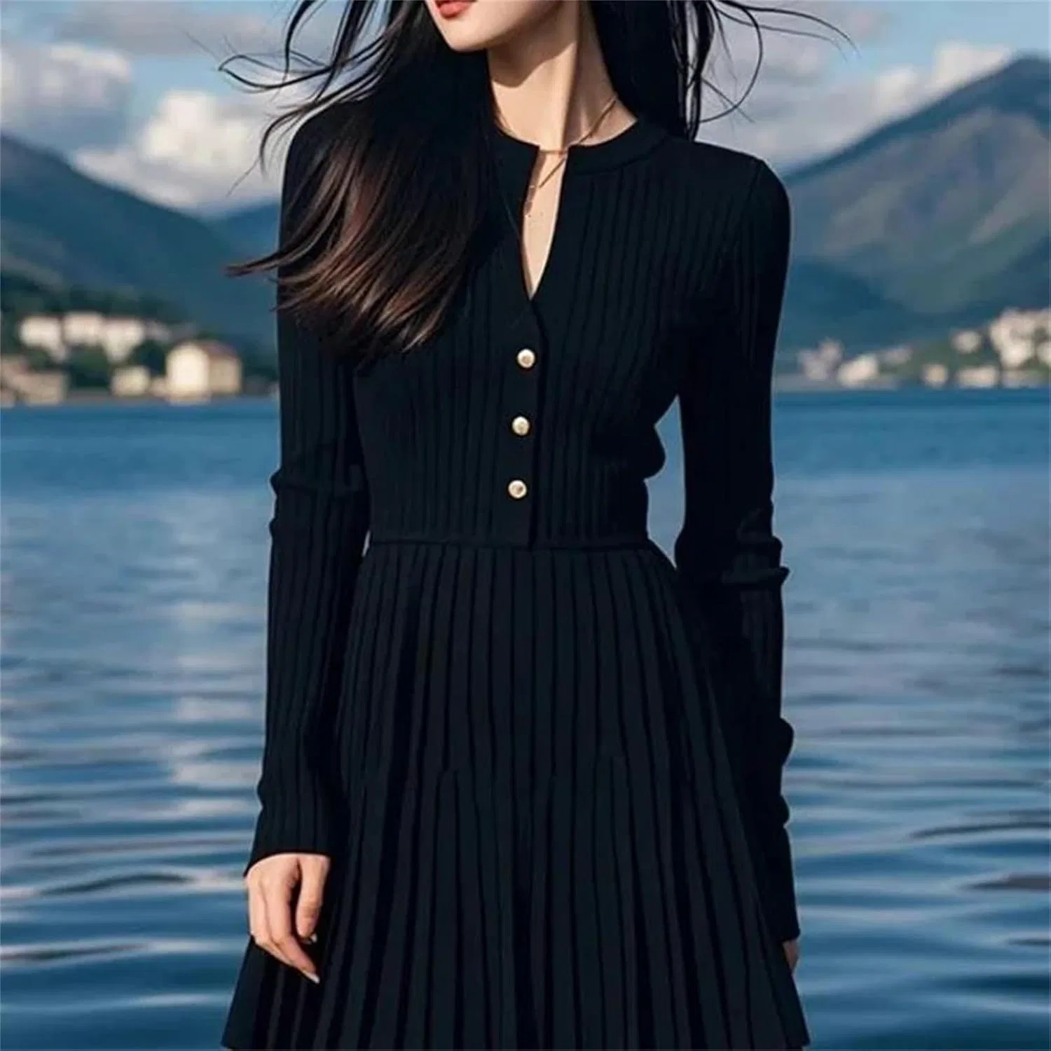 Женское A-силуэта платье с облегающей талией Generic, Black — фото 2