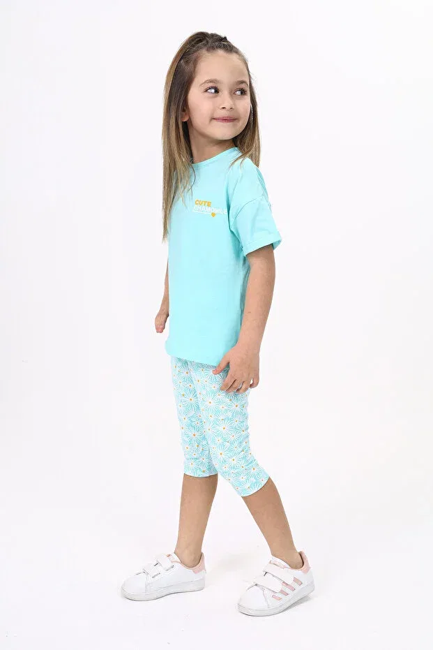 Детский комплект для девочек с принтом Chamomile Printed Capri Suit Toontoy, Mint Green — фото 2