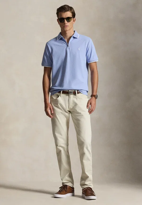 Футболка поло хлопковая Classic fit stretch mesh zip polo shirt Polo Ralph Lauren, Pebble Blue, синий — фото 2