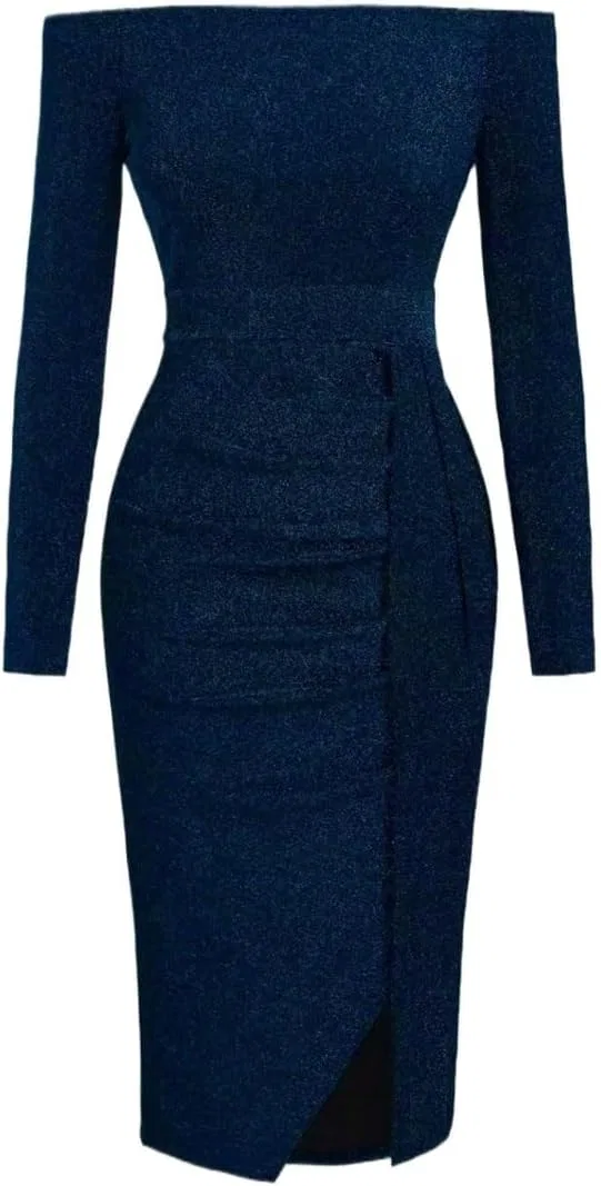 Женское платье миди с пайетками, Off-Shoulder, Navy Blue