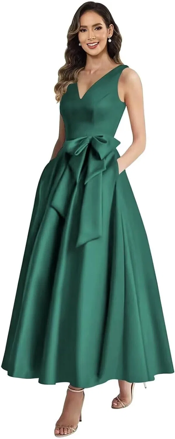 Женское вечернее платье A-силуэта с V-образным вырезом и бантом Satin, Teal