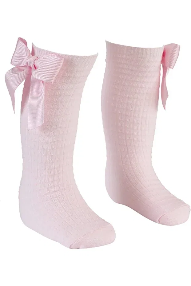Детские носки до колен для девочек с бантом Bebeğime Çorap, Pink Embossed
